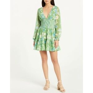 Jessica Simpson Womens Mini Dress Size M Green V Neck Smocked Back Floral